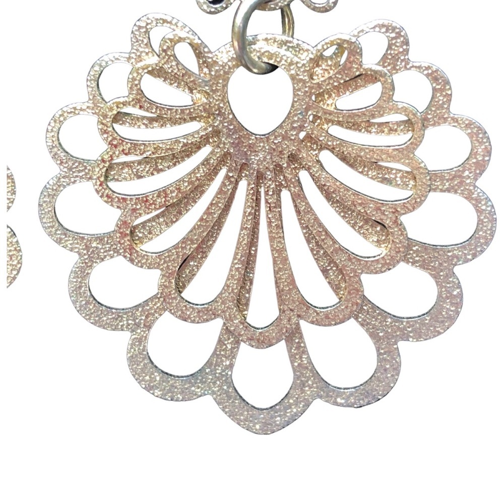Gold textured 3 flower hanging dangle statement Earrings - Picture 2 of 5